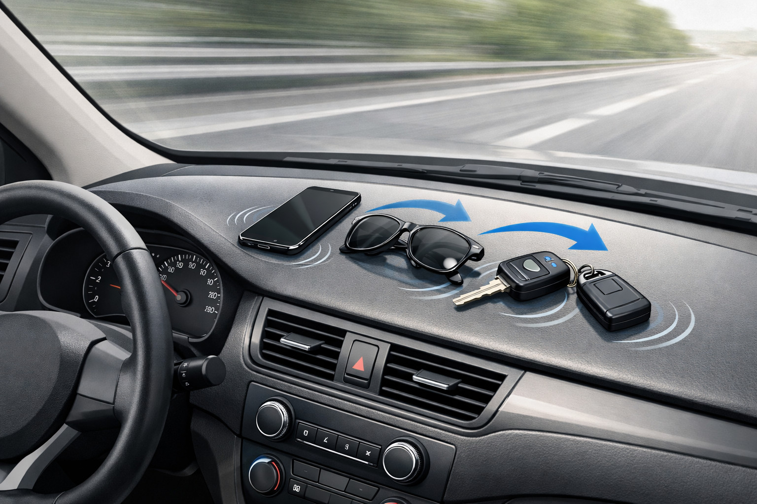 What to do when small items slide on the dashboard while driving