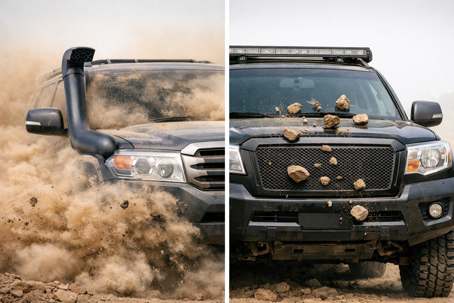Snorkel or radiator grille cover: which is better against dust and stones