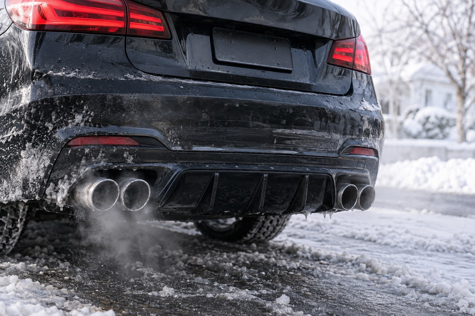 Exhaust tips and rear diffuser in winter: condensation, salt and soot