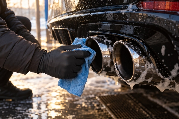 Exhaust tips and rear diffuser in winter: condensation, salt and soot